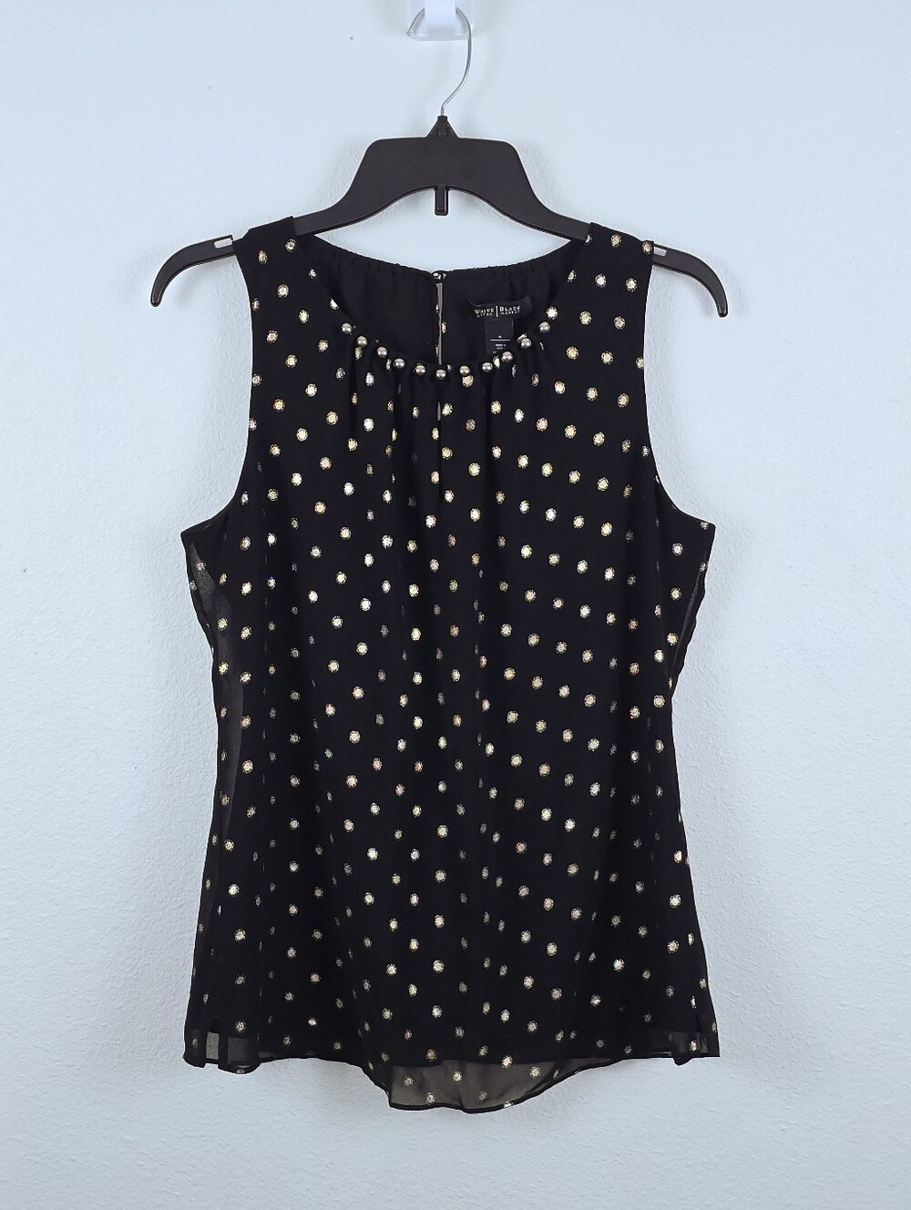 White House Black Market Black & Gold Metallic Polka Dot Embellished Blouse - S - Picture 4 of 16